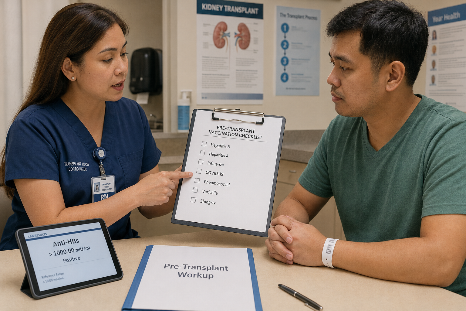 Filipino transplant nurse coordinator reviewing a pre-transplant vaccination checklist on a clipboard with a patient in a hospital consultation room, with a tablet showing Anti-HBs result and a Pre-Transplant Workup folder on the desk