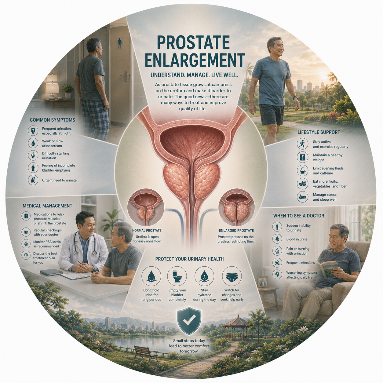 Circular vignette hero illustration for the benign prostate enlargement and kidney-health guide.