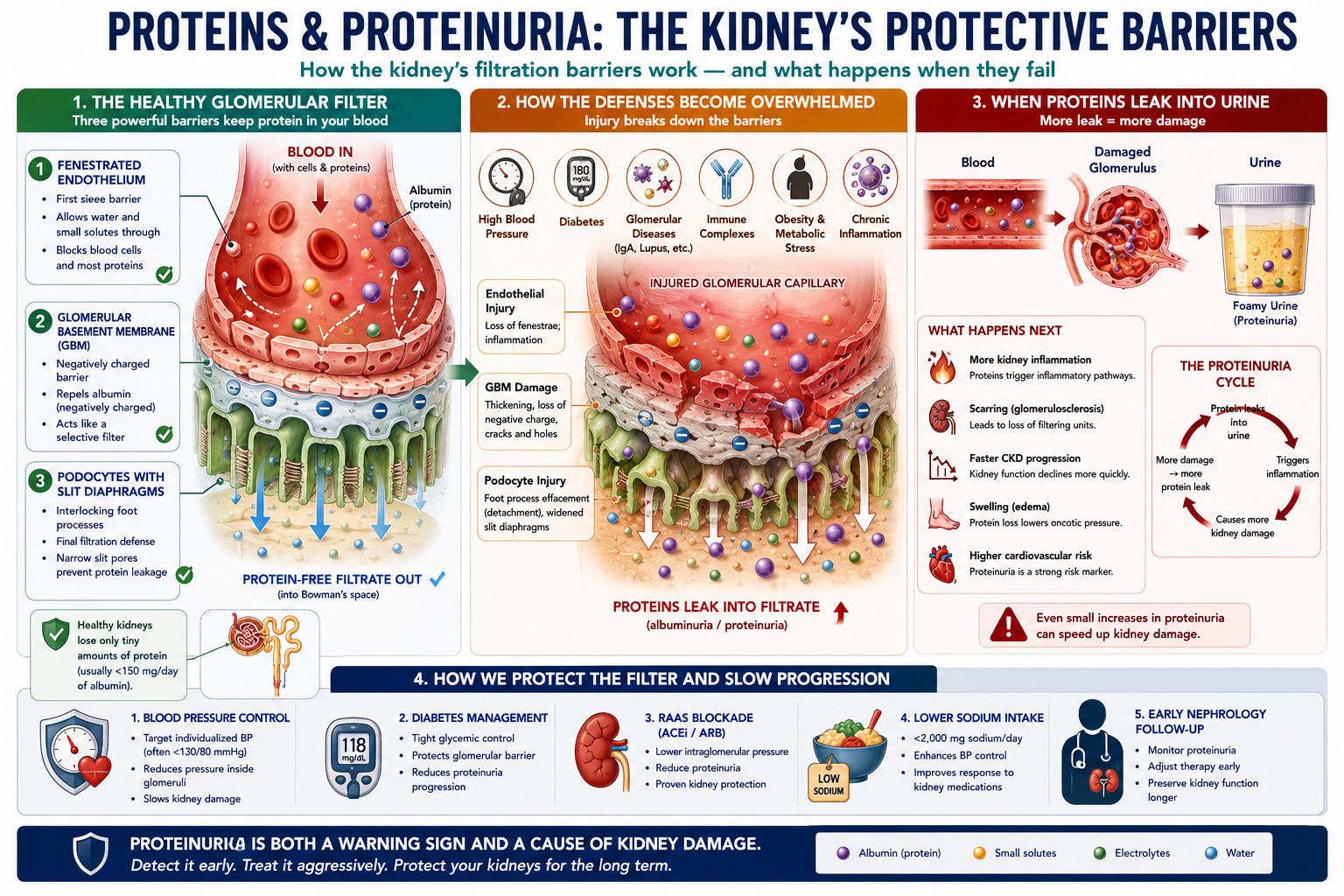 Proteins and Proteinuria: The Kidney's Protective Barriers — three-layer glomerular filter, how defenses are overwhelmed, what happens when proteins leak, and how to protect the filter