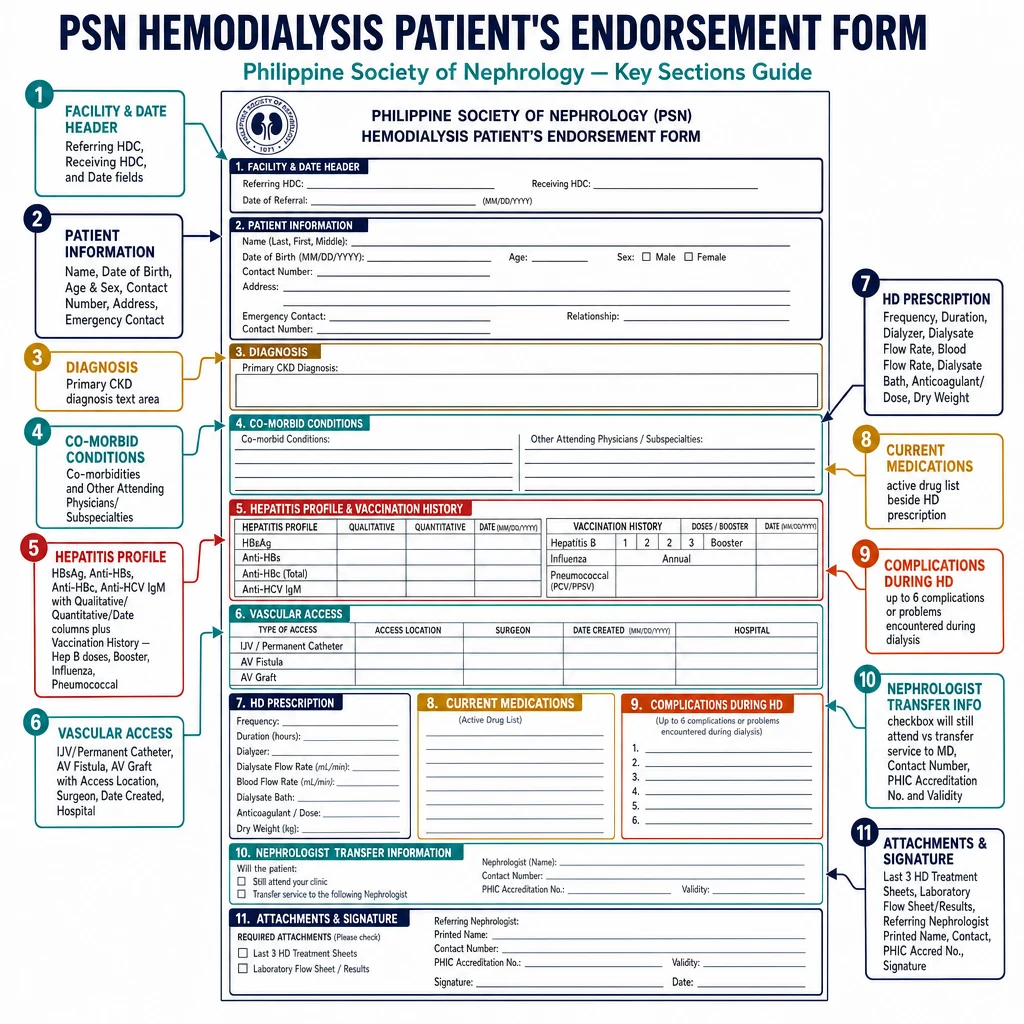 Annotated diagram of the PSN Hemodialysis Patient Endorsement Form showing all 11 key sections