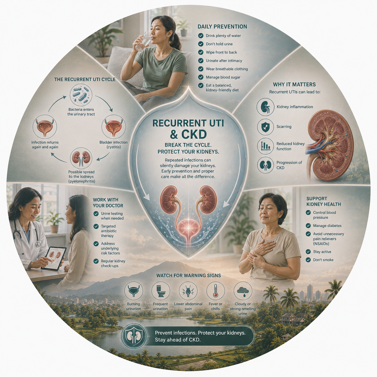 Circular vignette hero illustration for the recurrent UTI as a CKD peril guide.