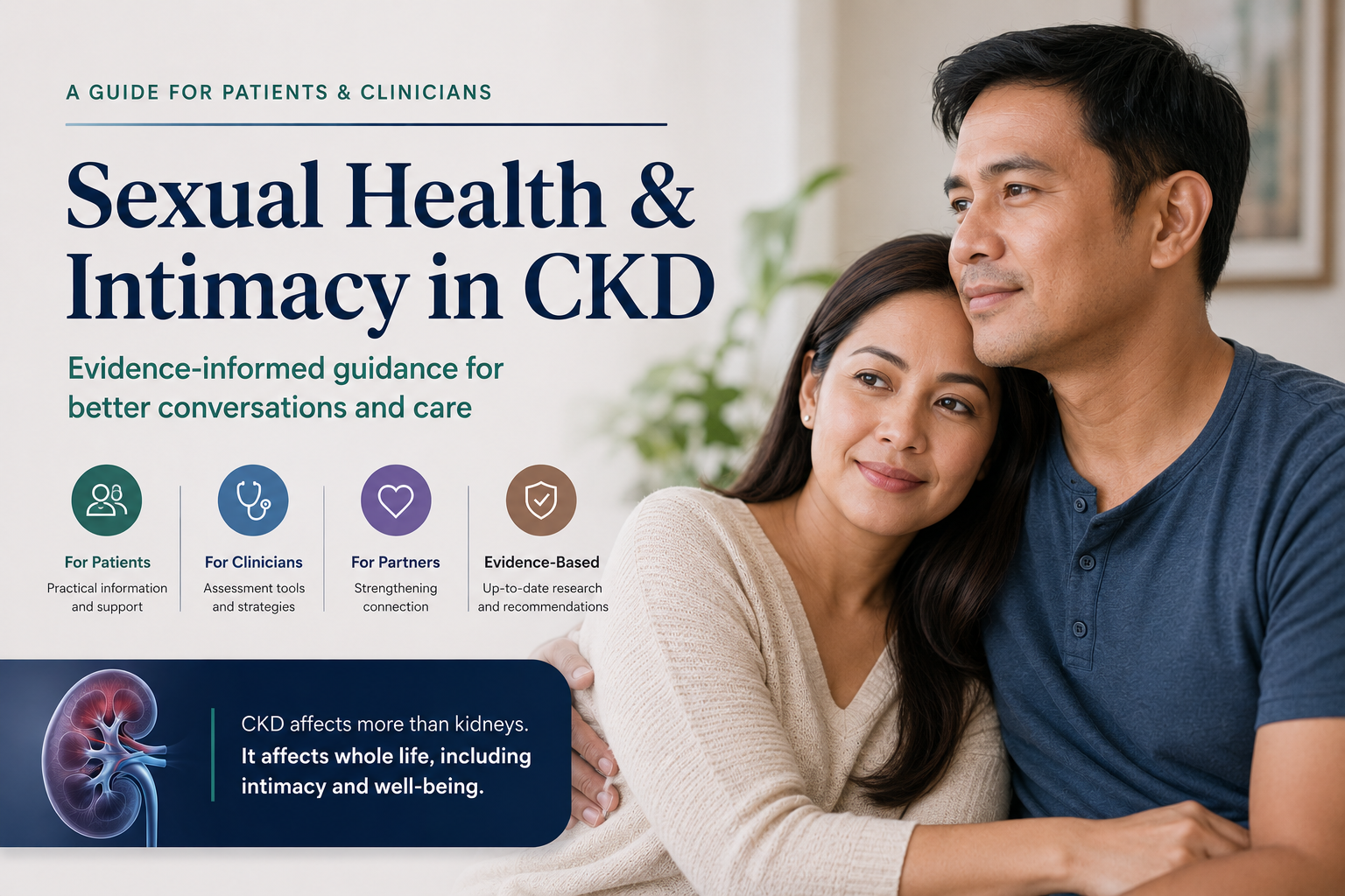 Couple holding hands in a dialysis waiting room — sexual health and intimacy in CKD, a guide by W Rivero, MD