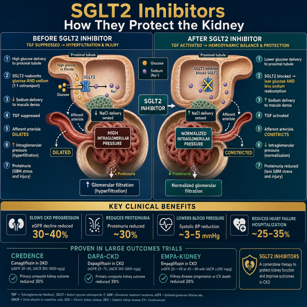 SGLT2 inhibitor mechanism in CKD — tubuloglomerular feedback restoration, afferent arteriole tone normalization, intraglomerular pressure reduction, natriuresis, CREDENCE and DAPA-CKD trial outcomes