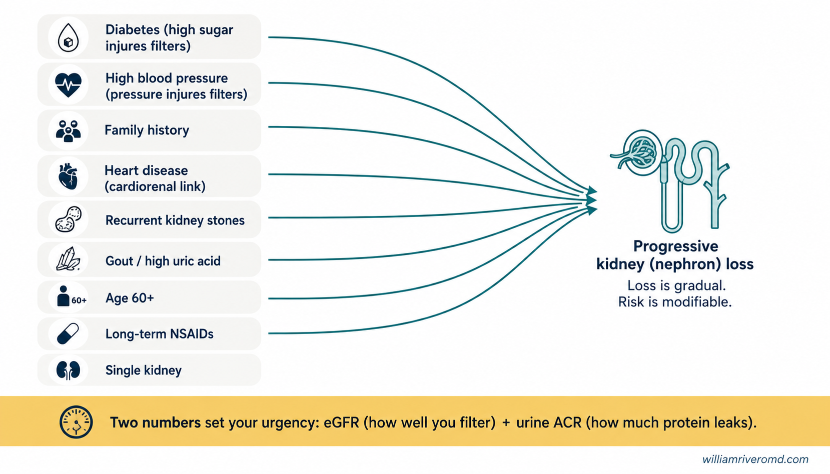 Multiple risk-driver nodes — diabetes, high blood pressure, family history, heart disease, kidney stones, gout, age over 60, long-term NSAIDs, single kidney — with arrows converging on a kidney, and a bottom strip explaining eGFR plus urine ACR set urgency