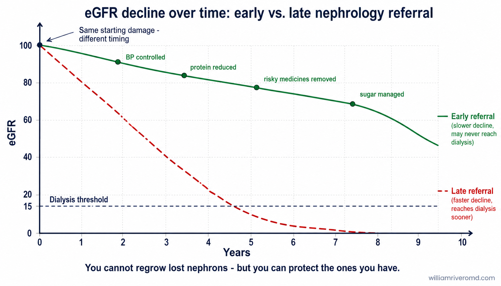A line graph of eGFR over years showing two curves from the same starting point: a green early-referral curve declining gently with intervention labels, and a red late-referral curve declining steeply to a dashed dialysis threshold line at eGFR 15