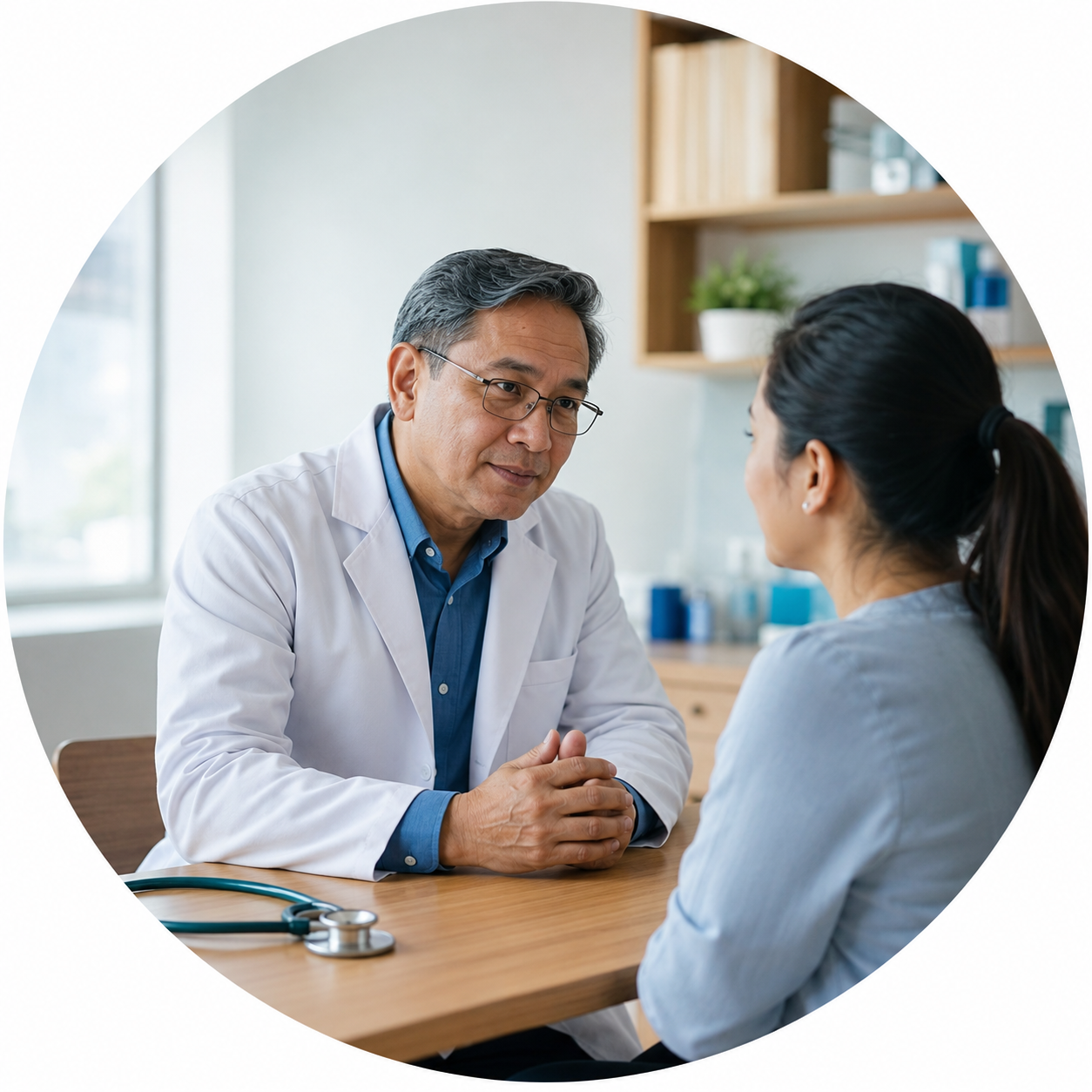 A Filipino nephrologist listening closely to a patient during an early clinic consultation