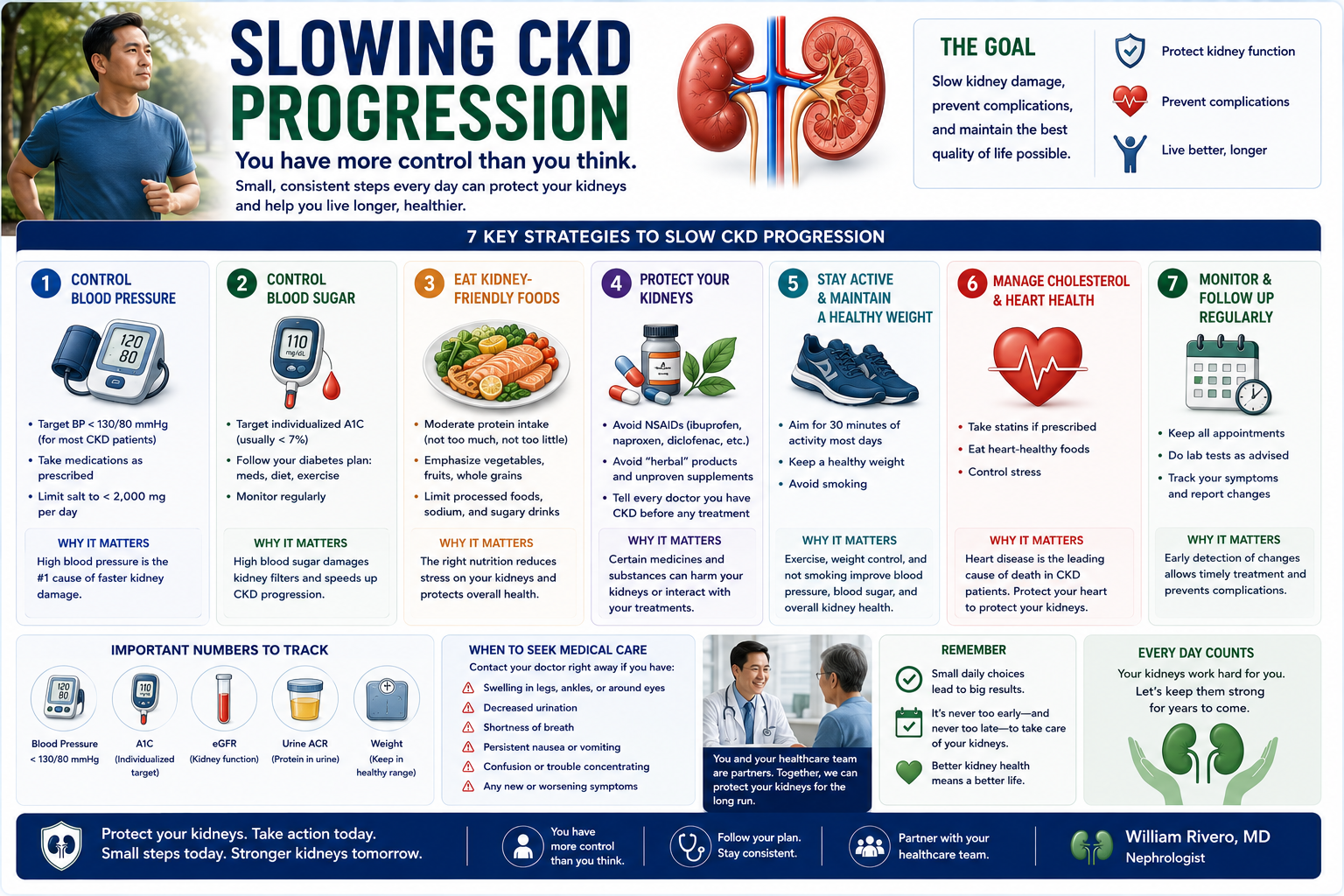 7 key strategies to slow CKD progression: control blood pressure and blood sugar, kidney-friendly diet, protect kidneys, stay active, manage cholesterol, and regular follow-up