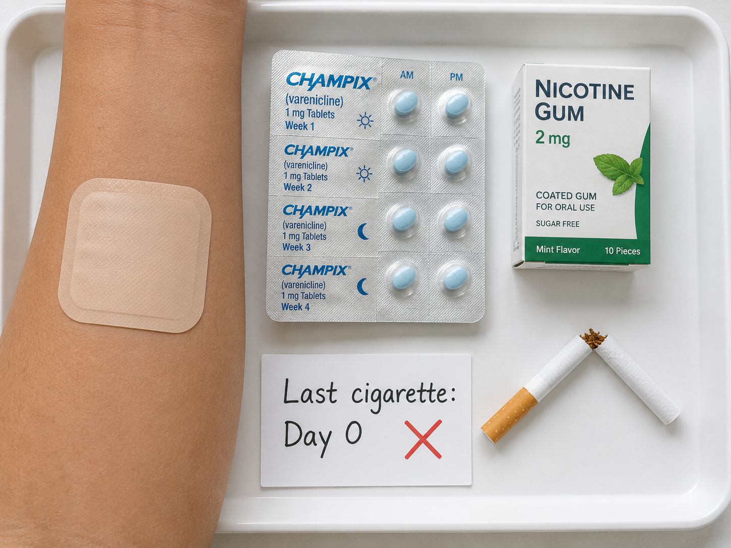 Smoking cessation tools for post-MI CKD patients — Champix (varenicline) blister pack, nicotine replacement therapy patch on forearm, nicotine gum 2mg box, and broken cigarette with 'Last cigarette: Day 0' card