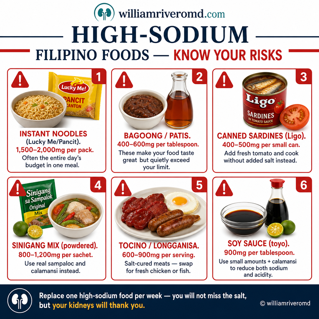 High-sodium Filipino foods: instant noodles, bagoong, patis, canned sardines, sinigang mix, tocino, soy sauce — sodium content per serving