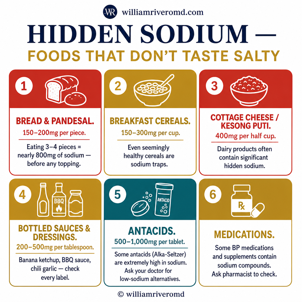 Hidden sodium sources: bread, cereals, cottage cheese, bottled sauces, antacids, and medications that contain unexpected sodium