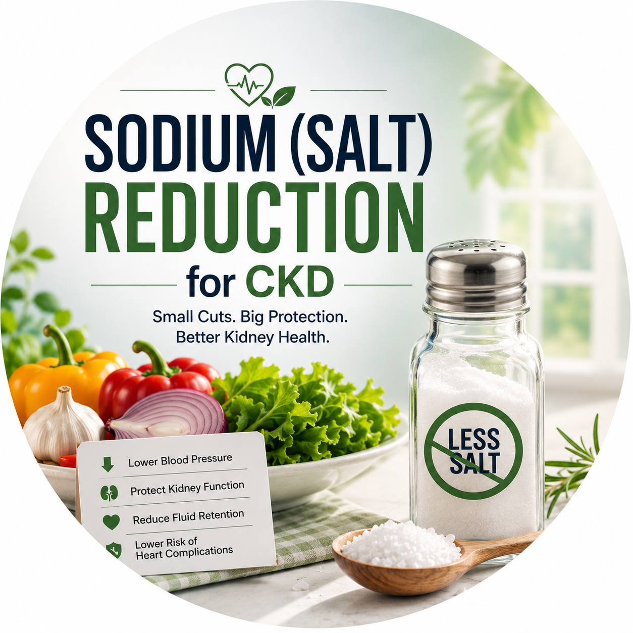 Circular vignette hero illustration for the sodium and salt reduction in CKD guide.