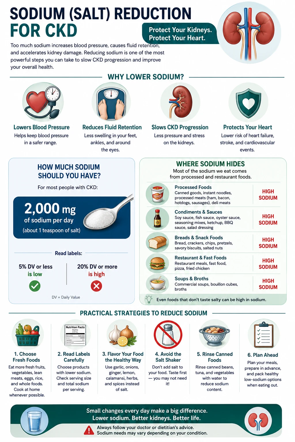 Sodium (Salt) Reduction for CKD — Protect Your Kidneys, Protect Your Heart. Why lower sodium: lowers blood pressure, reduces fluid retention, slows CKD progression, protects your heart. How much: 2,000 mg sodium per day (about 1 teaspoon of salt) for most people with CKD; read labels — 5% DV is low, 20% DV is high. Where sodium hides: processed foods, condiments and sauces, breads and snack foods, restaurant and fast foods, soups and broths — even foods that don't taste salty can be high in sodium. Six practical strategies: choose fresh foods, read labels carefully, flavor your food the healthy way (garlic/onions/ginger/calamansi/herbs), avoid the salt shaker, rinse canned foods, plan ahead. Small changes every day make a big difference — lower sodium, better kidneys, better life