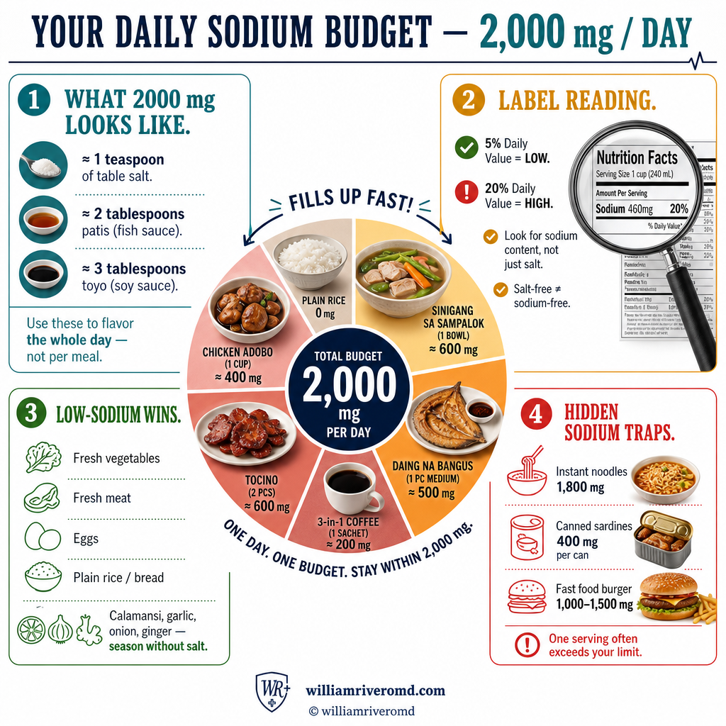 Daily sodium budget 2000mg: what it looks like, label reading, low-sodium wins, and hidden sodium traps for CKD patients