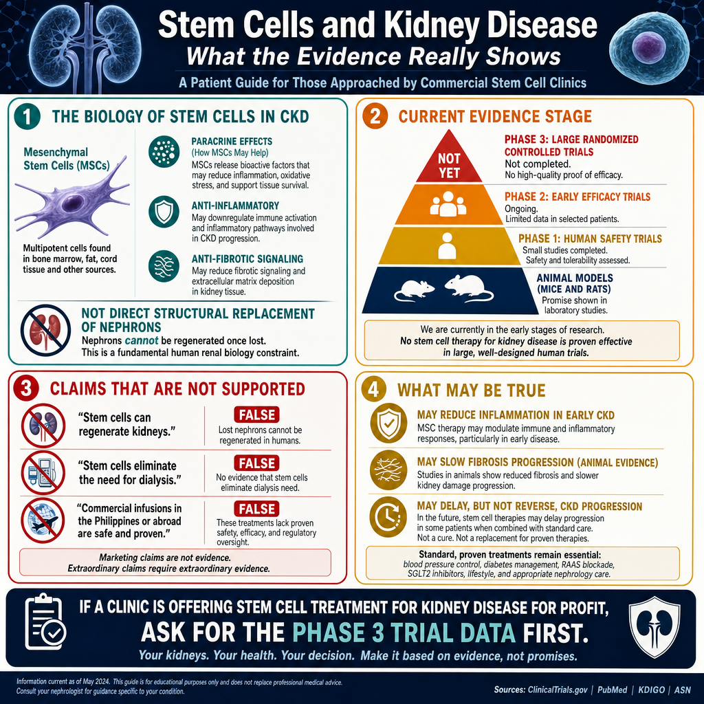 Stem cell therapy in CKD — overview infographic showing stem cell types, mechanisms of action, administration routes, evidence levels, and safety considerations for chronic kidney disease