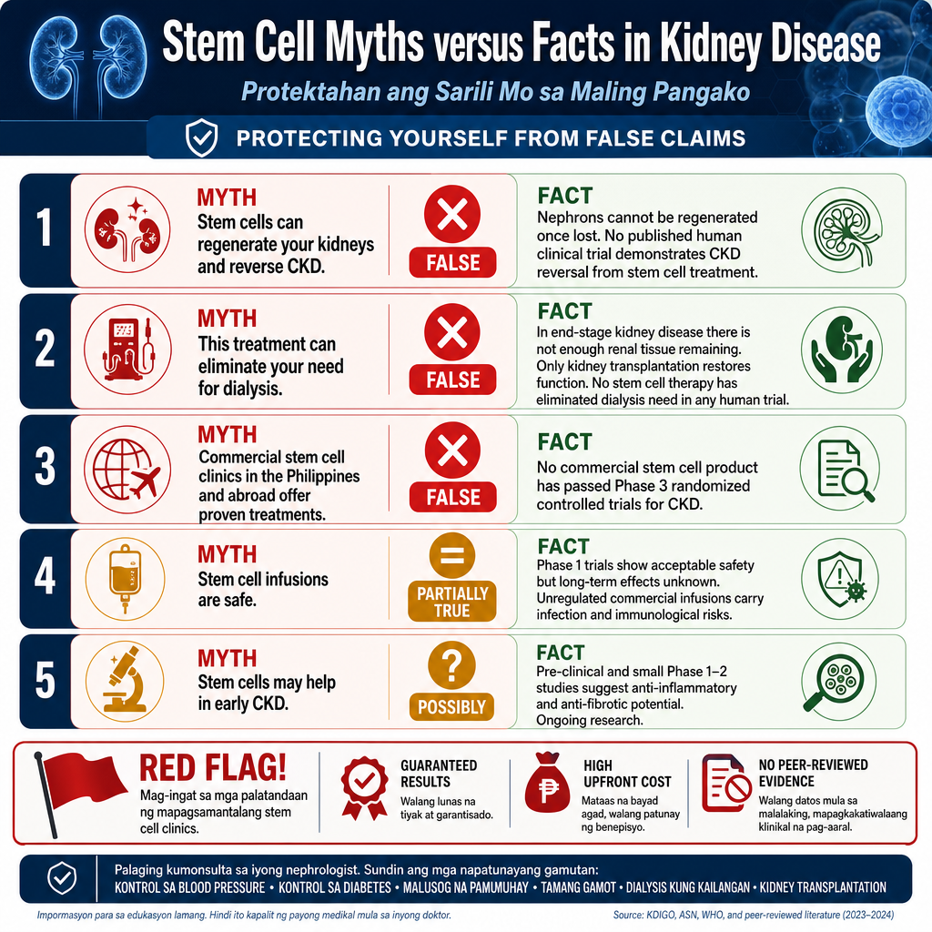 Stem cell therapy myths vs facts for CKD — 5 common claims debunked with evidence: stem cells cure kidney failure, stem cells are FDA-approved, high price means better results, no side effects, and all clinics are equal