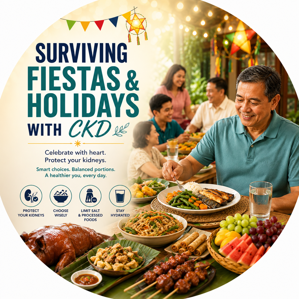 Circular vignette hero illustration for the surviving fiestas and holidays with CKD guide.
