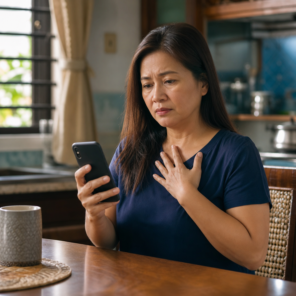 Filipino patient at home checking symptoms on her phone