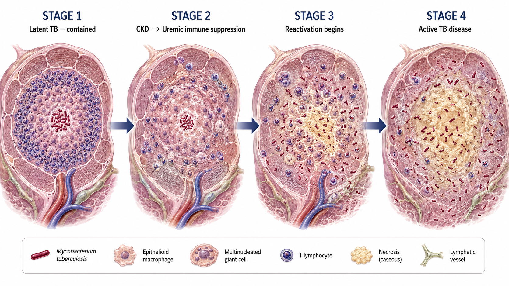 Four-stage medical illustration showing latent TB granuloma reactivation driven by CKD immune suppression: from contained granuloma with T lymphocytes, through immune cell depletion, to active TB with caseous necrosis and free Mycobacterium tuberculosis