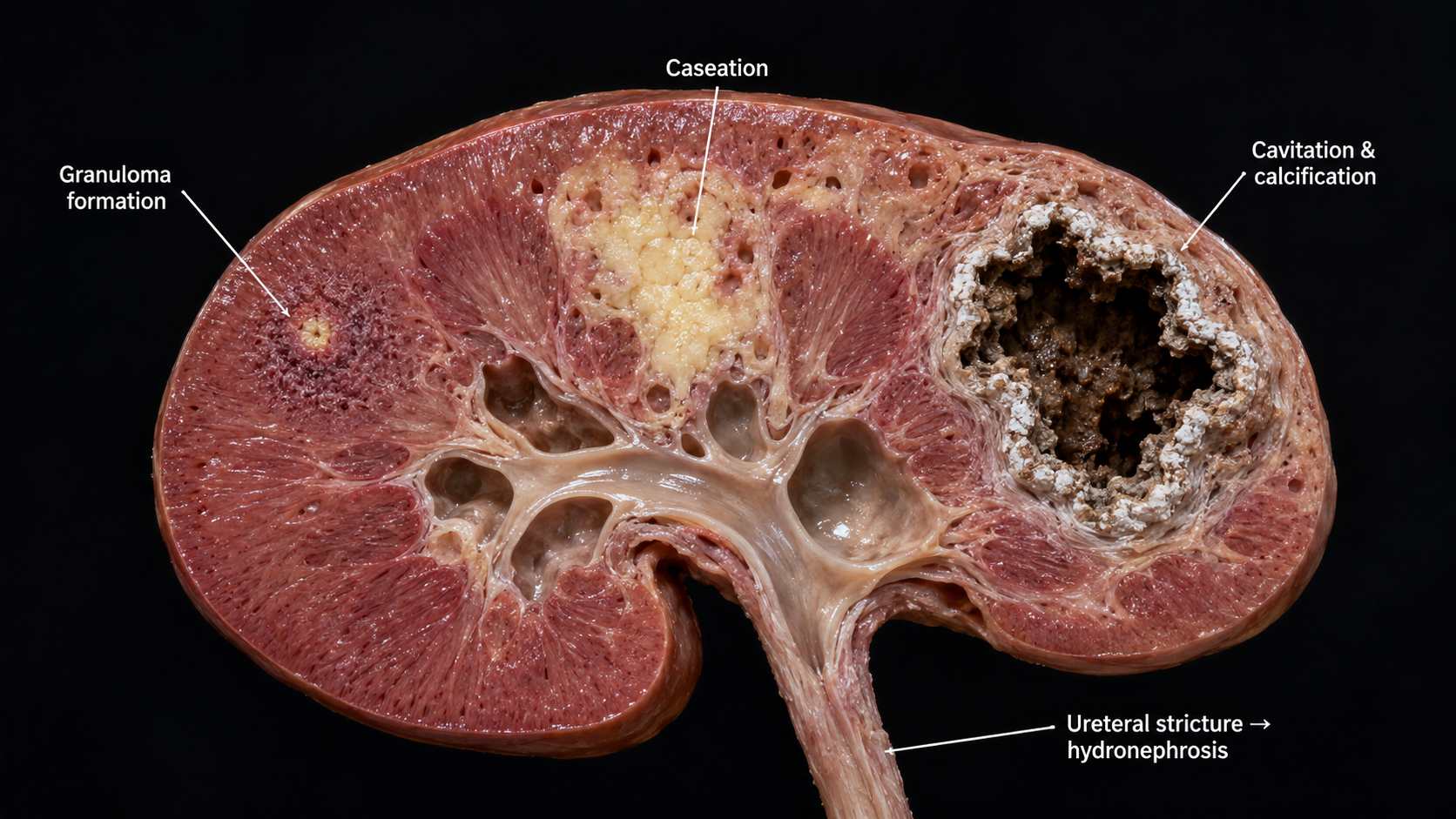 Kidney cross-section showing three stages of renal TB damage: granuloma formation, caseation, and cavitation with calcification, plus ureteral stricture causing hydronephrosis