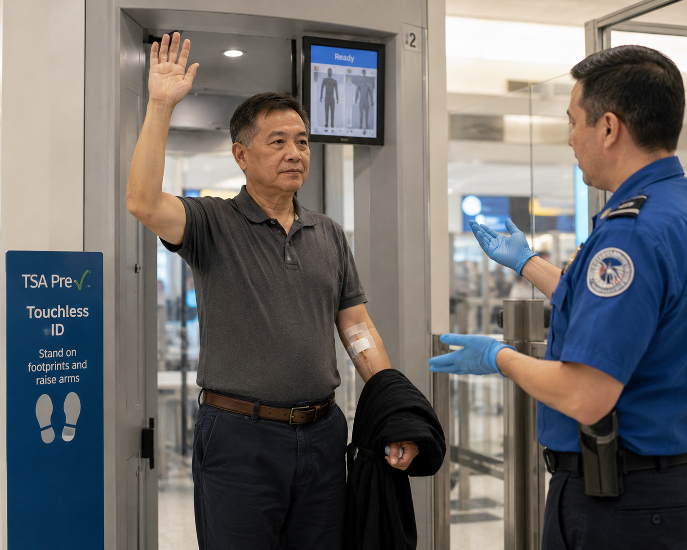 Dialysis patient at airport security showing fistula arm being assessed by security staff with patient holding medical letter