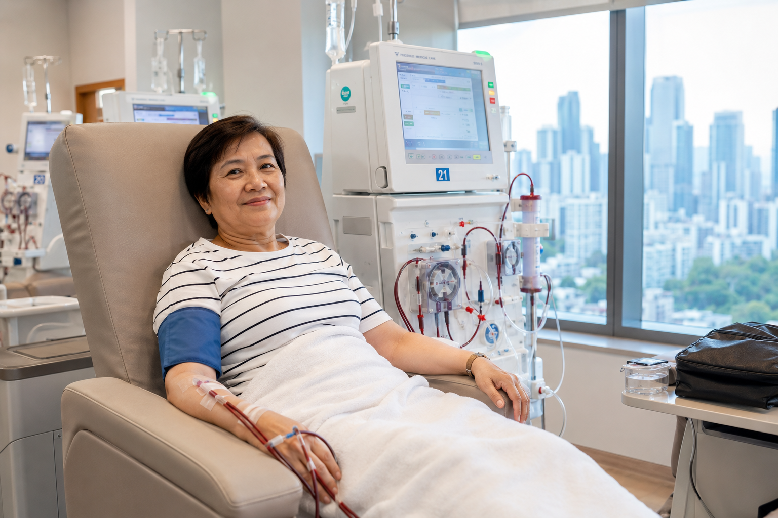 Filipino patient receiving dialysis at a destination center abroad showing the process of arranging travel dialysis