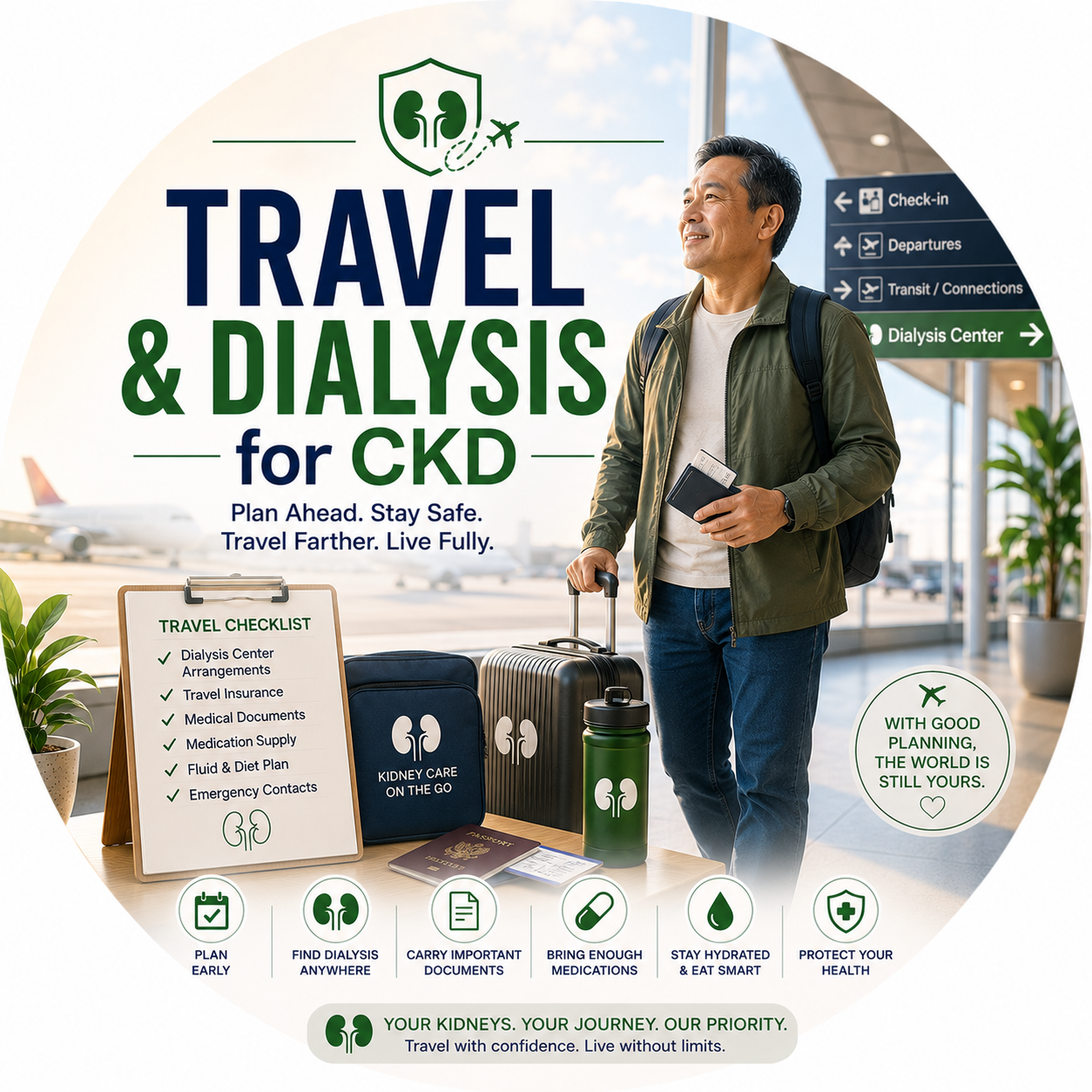 Circular vignette hero illustration for the travel and dialysis with CKD guide.
