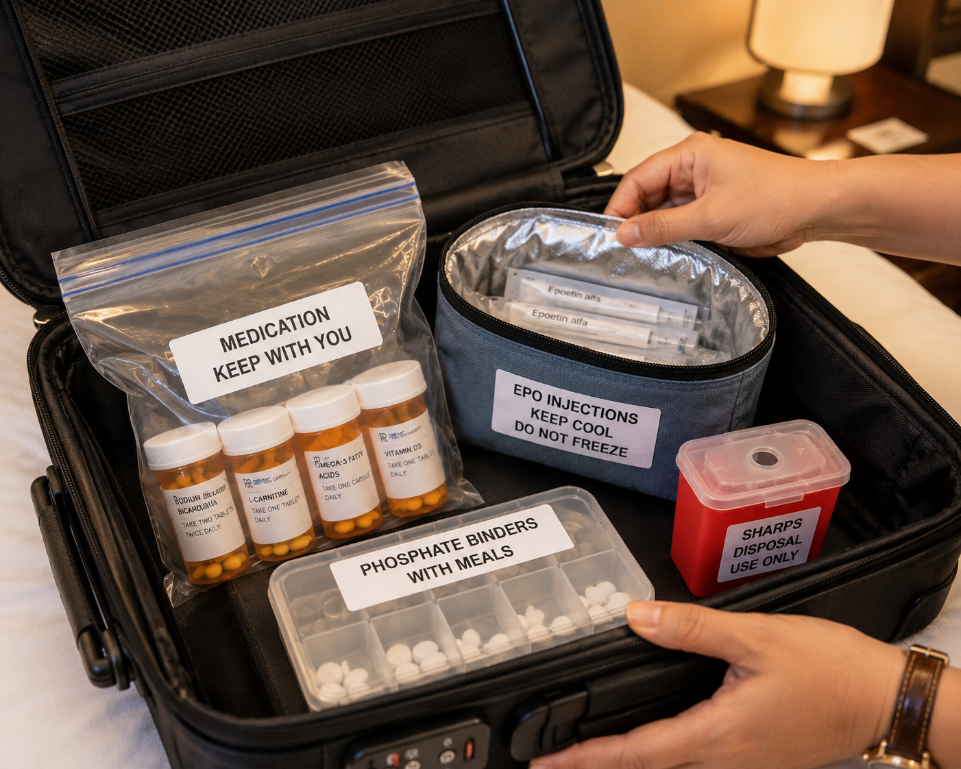 Organized packing layout of CKD medications in hand luggage including phosphate binders, EPO injections in insulated pouch, and medication list