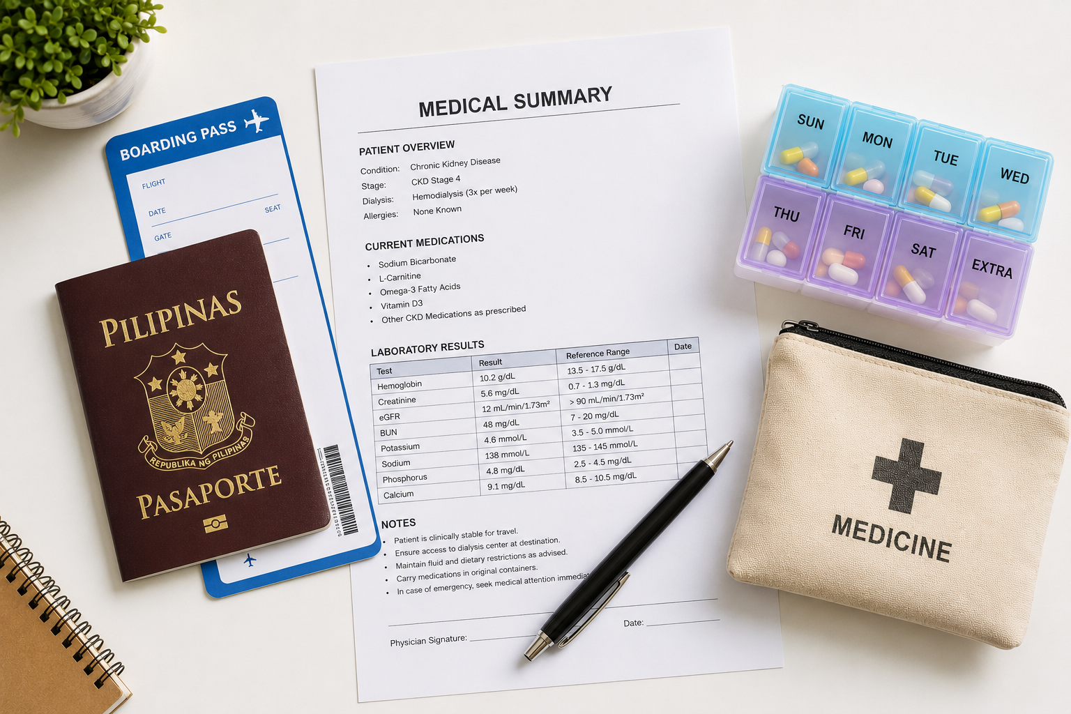 Filipino dialysis patient organizing travel documents and medical paperwork including dialysis prescription and hepatitis serology results