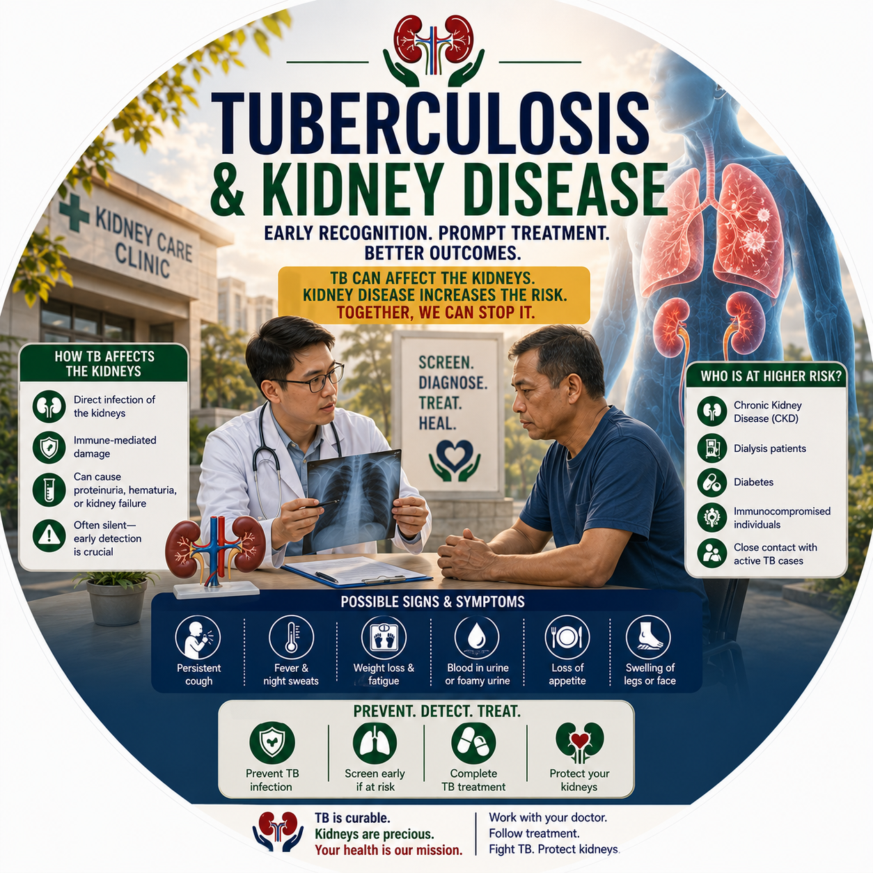Circular vignette hero illustration for the tuberculosis and kidney disease guide.