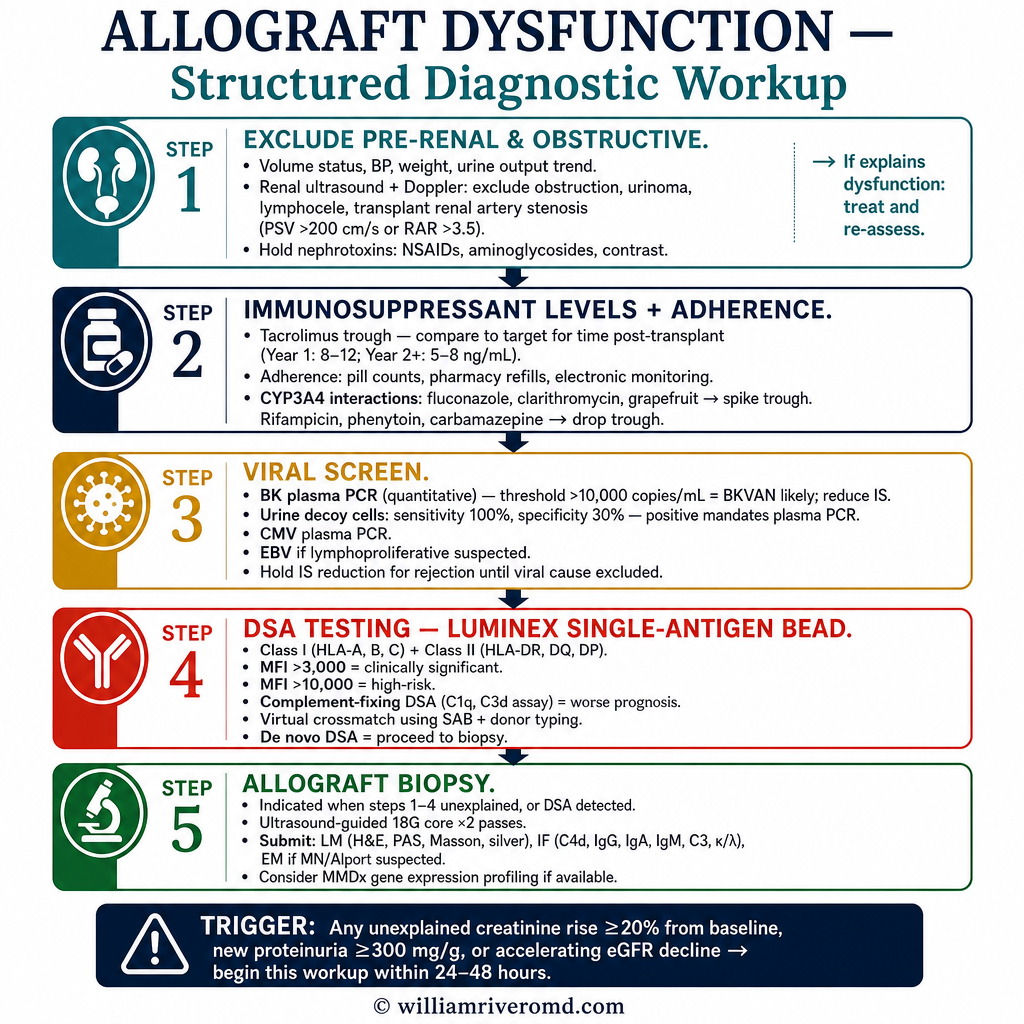 Allograft Dysfunction Workup Algorithm — stepwise diagnostic approach
