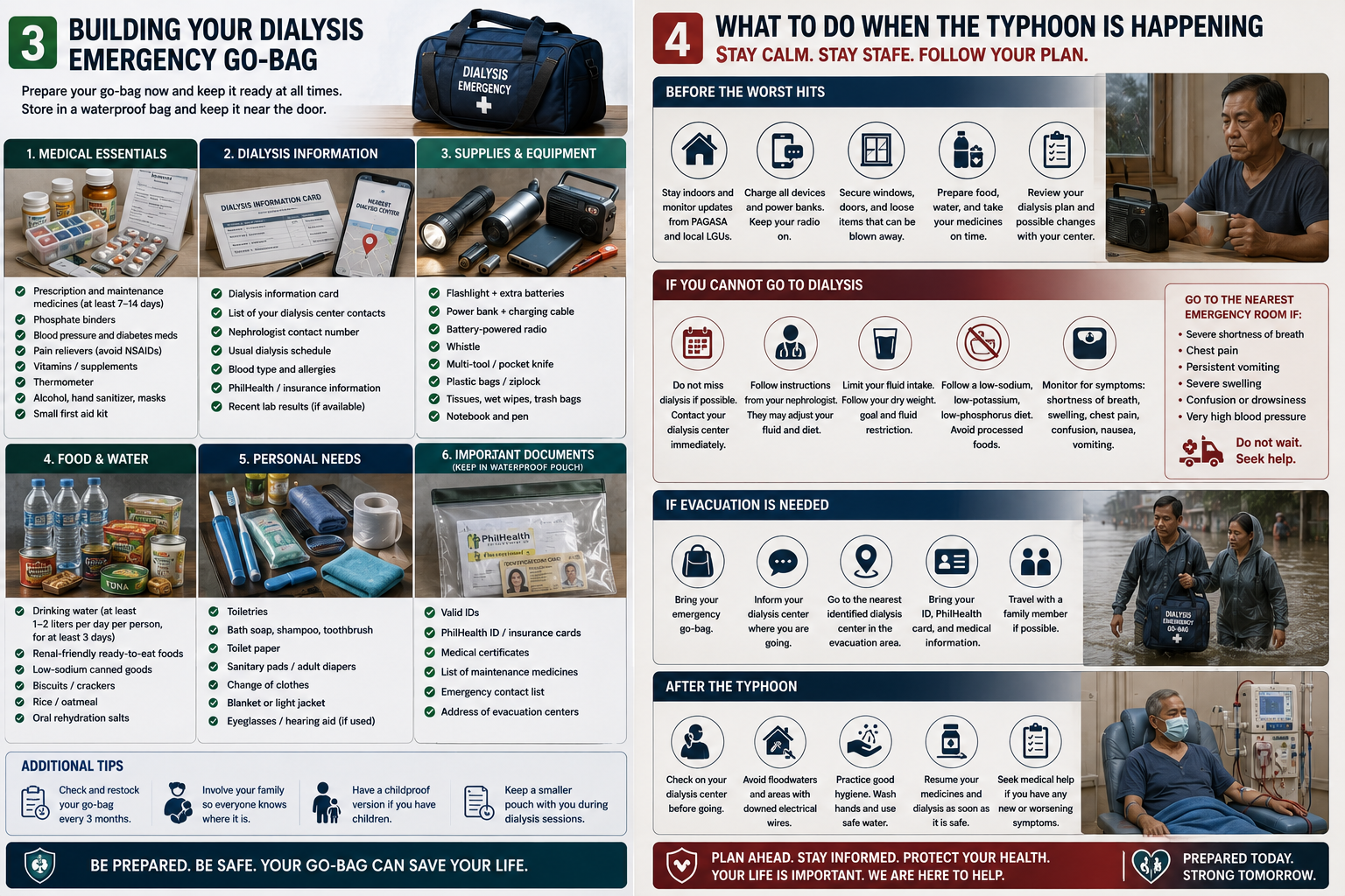 Building Your Dialysis Emergency Go-Bag — medical essentials, dialysis information, supplies, food, personal needs, documents; and What to Do When the Typhoon Is Happening — before, during, evacuation, and after