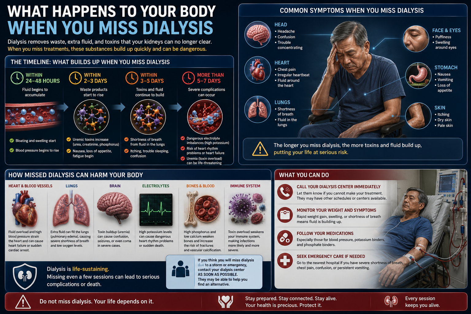 What Happens to Your Body When You Miss Dialysis — timeline of toxin buildup, symptoms by organ, how missed dialysis harms each body system, and what you can do