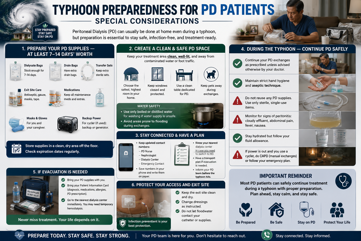 Typhoon Preparedness for PD Patients — supplies checklist, clean PD space, staying connected, continuing PD safely during the typhoon, evacuation, and protecting your exit site