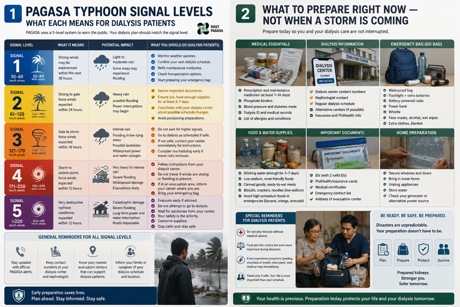 PAGASA Typhoon Signal Levels 1–5 with wind speeds (30–60, 61–120, 121–170, 171–220, >220 km/h), what each level means, potential impact, and the specific actions a dialysis patient should take at each level; plus What to Prepare Right Now — medical essentials (7–14 day medication supply, phosphate binders, BP and diabetes meds, dialysis ID), dialysis information (center contacts, schedule, alternative centers, PhilHealth), emergency go-bag (waterproof bag, flashlight, batteries, radio, power bank, masks), food and water supplies (3–7 day water, low-sodium ready-to-eat meals, low-potassium choices), important documents (PhilHealth, IDs, emergency contacts), and home preparation (secure windows, store water, check generator). Be Ready. Be Safe. Be Prepared.