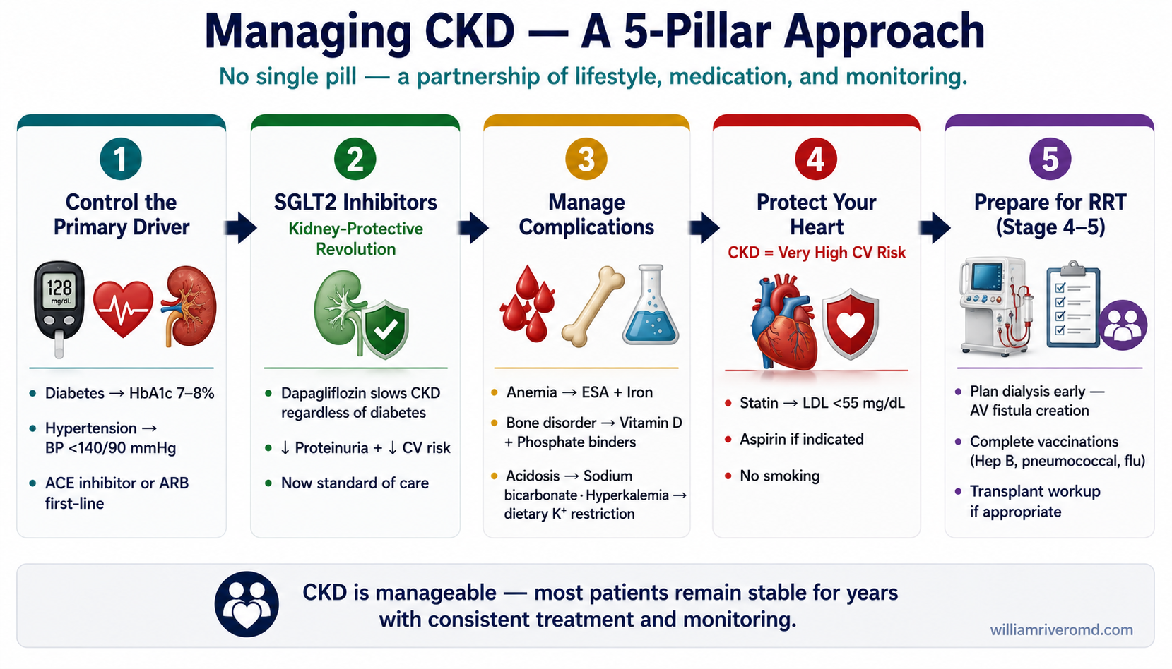 CKD Management — 5-pillar approach: (1) Control the primary driver, (2) SGLT2 inhibitors, (3) Manage complications, (4) Protect the heart, (5) Prepare for renal replacement therapy