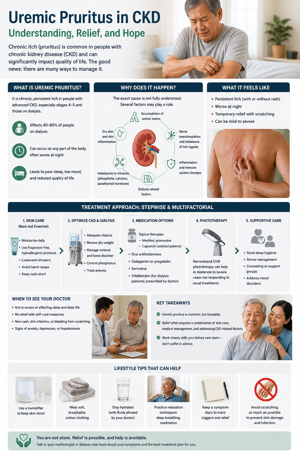Infographic: Uremic Pruritus in CKD — Understanding, Relief, and Hope. Covers what it is, why it happens, treatment approach (skin care, optimizing dialysis, medications, phototherapy, supportive care), when to see a doctor, and lifestyle tips
