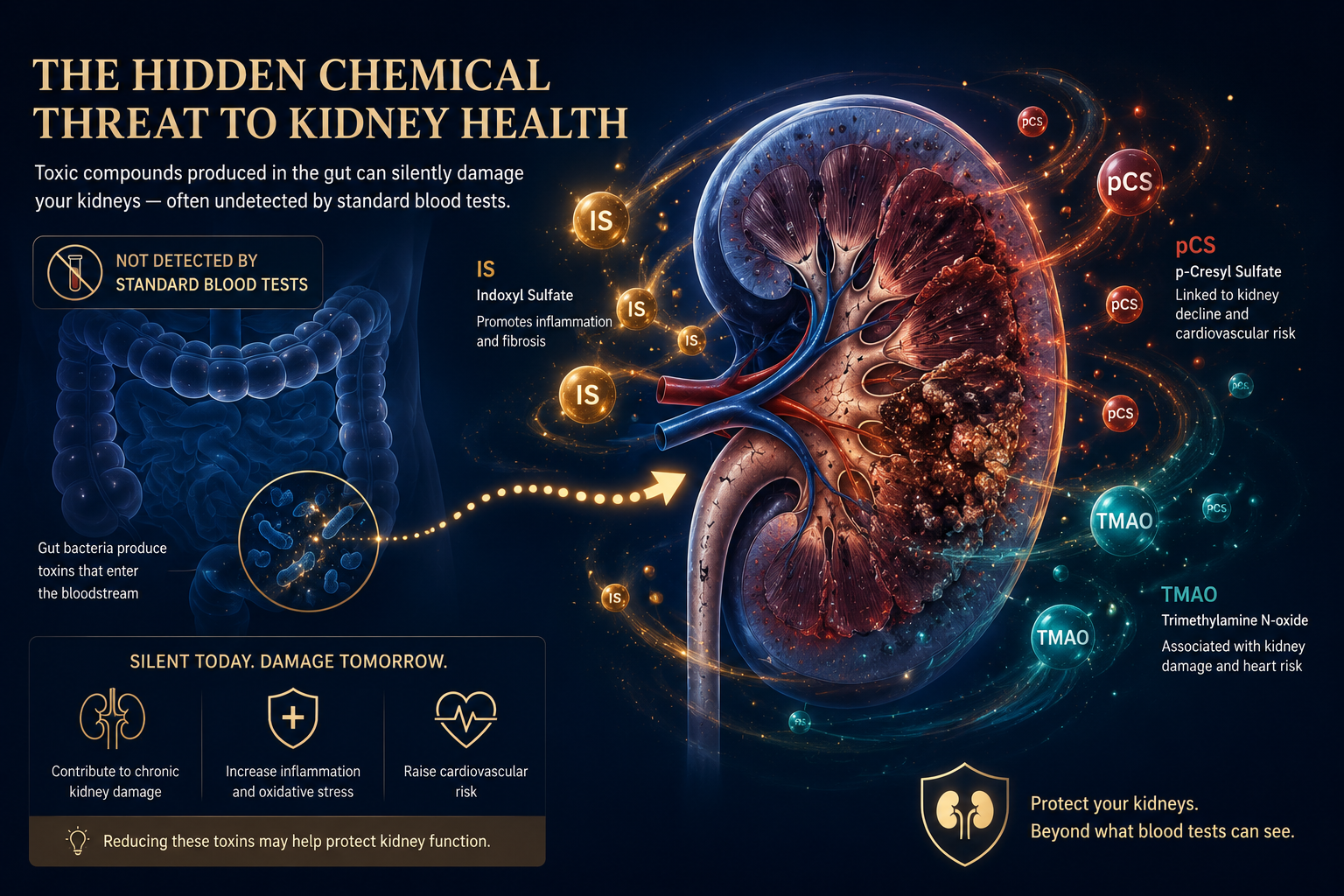 The hidden chemical threat to kidney health — infographic showing gut bacteria producing indoxyl sulfate, p-cresyl sulfate, and TMAO that silently damage the kidneys beyond what standard blood tests detect
