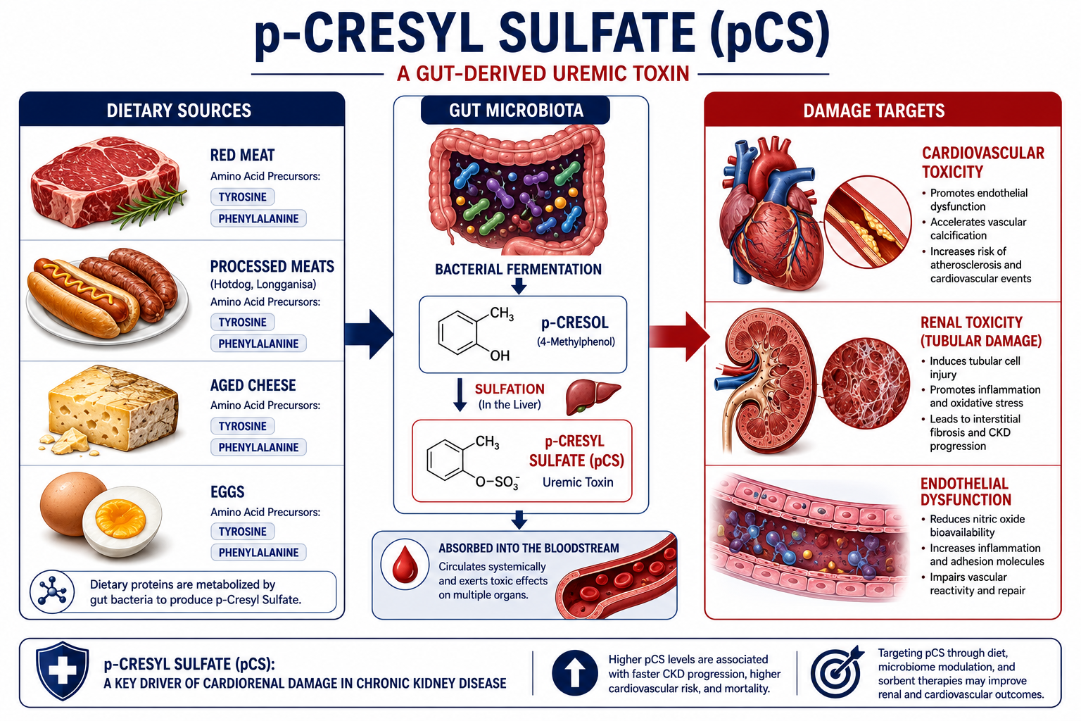p-Cresyl sulfate pathway — dietary sources (red meat, processed meats, aged cheese, eggs) containing tyrosine and phenylalanine, gut bacterial fermentation to p-cresol, liver sulfation to pCS, and downstream cardiovascular toxicity, renal tubular damage, and endothelial dysfunction