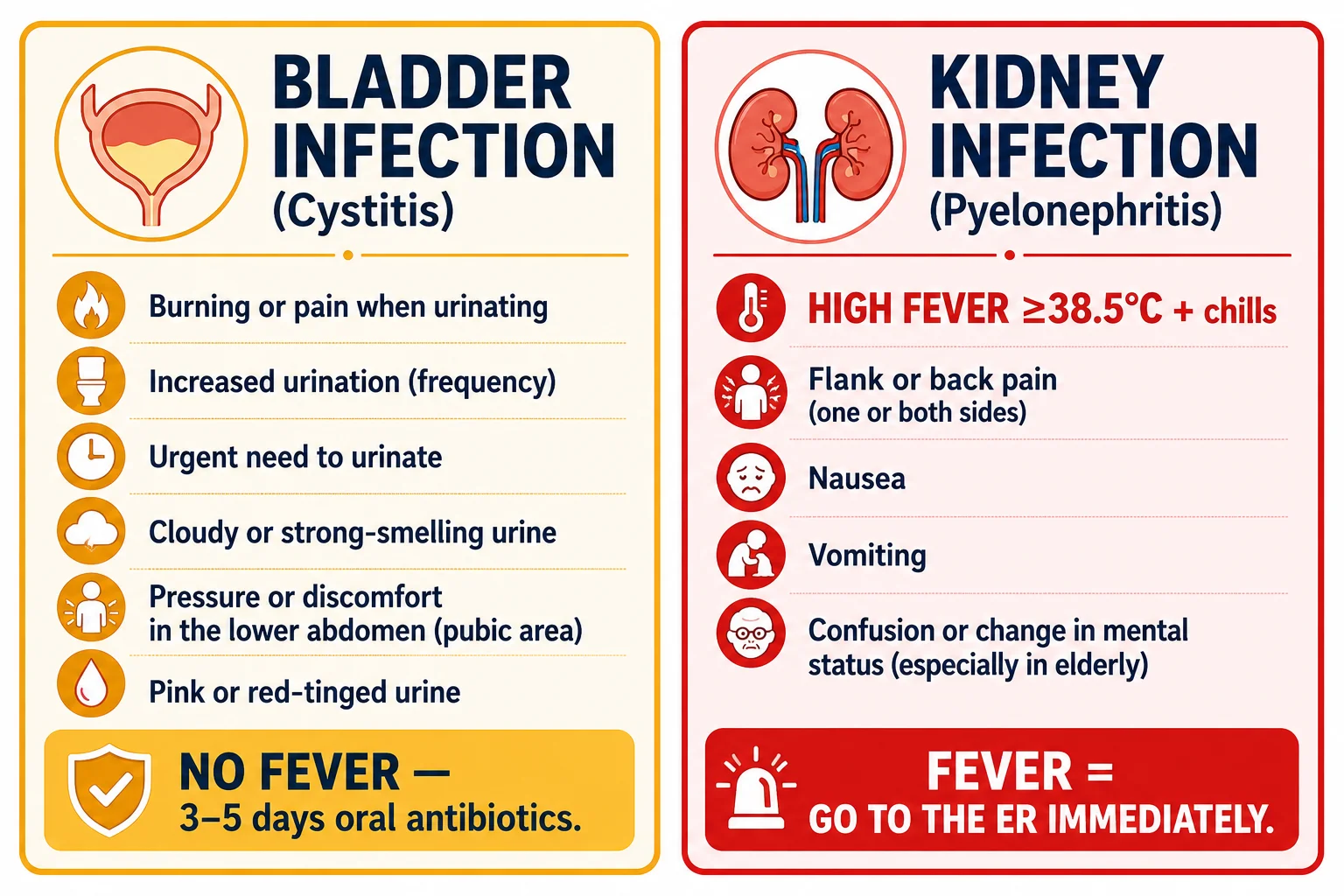 Side-by-side comparison of bladder infection (cystitis) vs kidney infection (pyelonephritis) symptoms — fever means go to ER