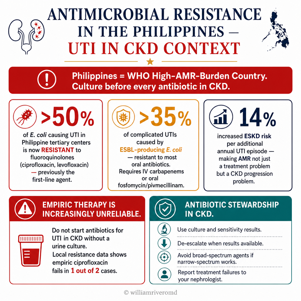 Antimicrobial resistance in Philippine UTI pathogens — over 50% E. coli fluoroquinolone resistant, over 35% ESBL-producing; 14% increased ESKD risk per annual UTI; culture before every antibiotic; antibiotic stewardship principles