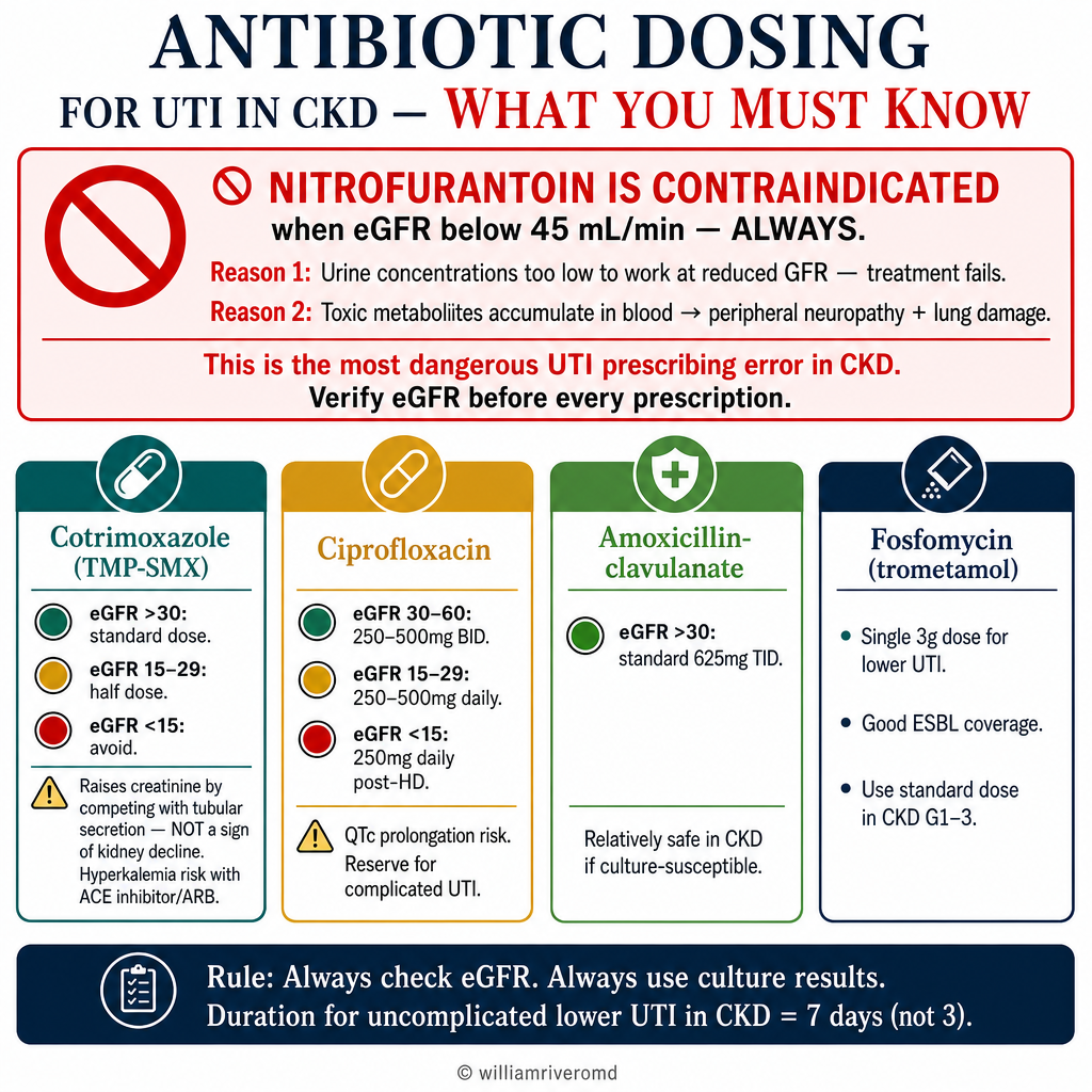 Antibiotic dosing for UTI in CKD — nitrofurantoin contraindicated below eGFR 45; four drug cards with GFR traffic-light: cotrimoxazole, ciprofloxacin, amoxicillin-clavulanate, fosfomycin with CKD dose adjustments and safety warnings