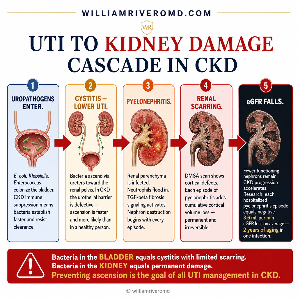 UTI to kidney damage cascade in CKD — five stages: uropathogens enter, cystitis/ascending UTI, pyelonephritis with fibrosis signaling, renal scarring on DMSA, eGFR decline; each pyelonephritis episode equals minus 3.6 mL/min eGFR loss