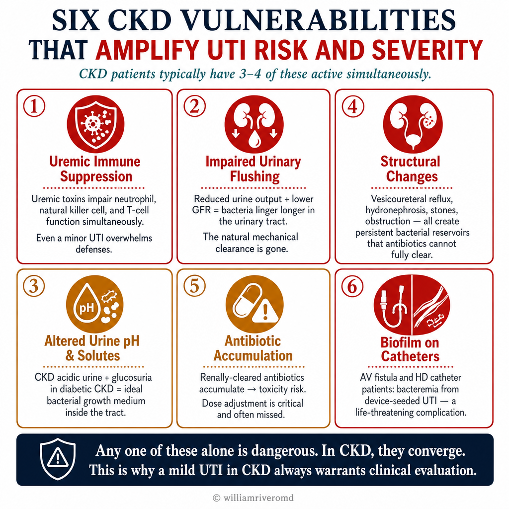 Diagnosing UTI in CKD — red box do not treat asymptomatic bacteriuria; pitfalls: pyuria baseline, reduced fever, absent dysuria, sterile pyuria suggests renal TB; minimum standard: urine culture mandatory, blood cultures if febrile, renal ultrasound, DMSA scan