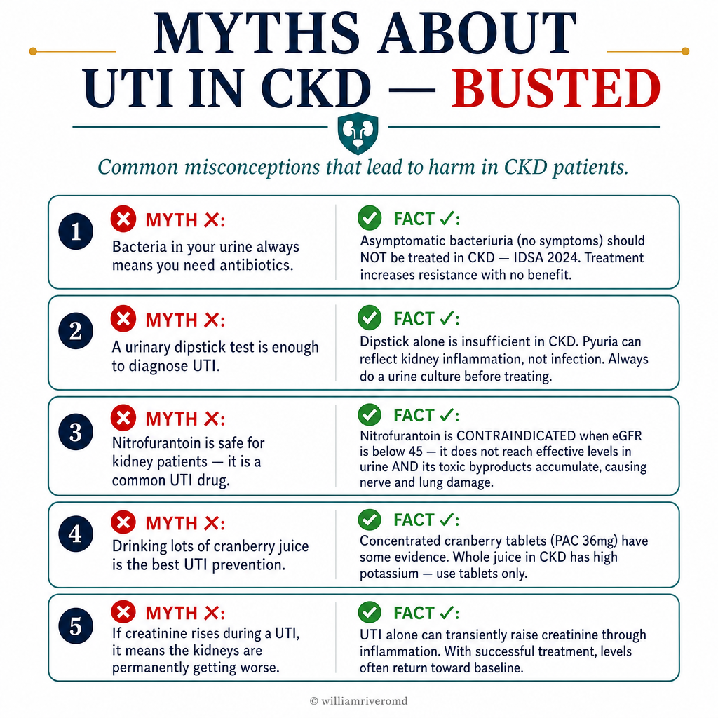 Five UTI myths busted for CKD patients — asymptomatic bacteriuria does not need treatment; dipstick alone insufficient; nitrofurantoin contraindicated below eGFR 45; cranberry juice high potassium use tablets; creatinine rise during UTI often reversible