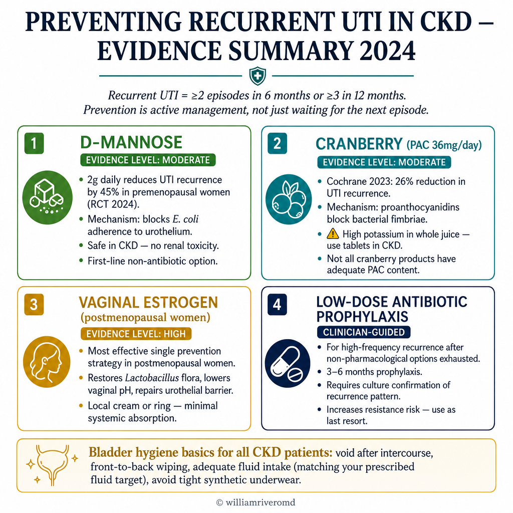 Preventing recurrent UTI in CKD — four evidence cards: D-mannose 2g daily 45% recurrence reduction safe in CKD; cranberry PAC 36mg tablets 26% reduction avoid high-potassium juice; vaginal estrogen highest evidence for postmenopausal women; low-dose antibiotic prophylaxis as last resort; bladder hygiene basics