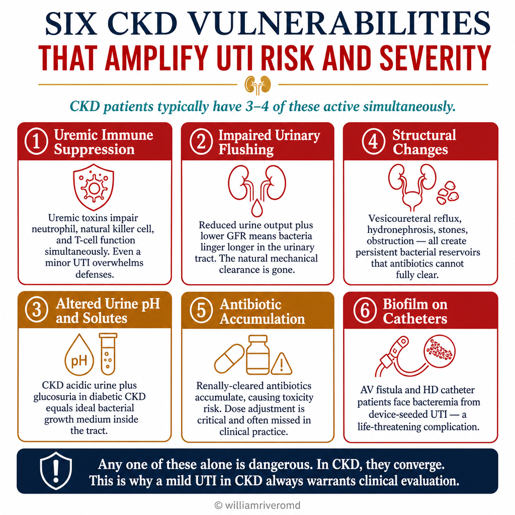 Six CKD vulnerabilities that amplify UTI risk — uremic immune suppression, impaired urinary flushing, altered urine pH/solutes, structural changes, antibiotic accumulation, biofilm on catheters; CKD patients typically have 3-4 simultaneously