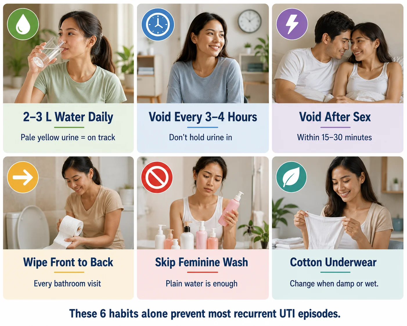 6 core daily UTI prevention habits: drink water, void every 3–4 hours, void after sex, wipe front to back, skip feminine wash, wear cotton underwear