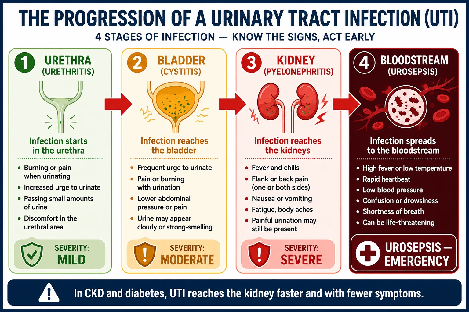 Infographic showing 4 stages of UTI progression: urethra → bladder → kidney → bloodstream (urosepsis emergency)