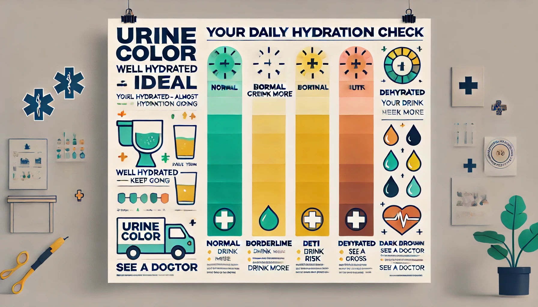 Urine color hydration chart — pale yellow is ideal, dark amber means dehydrated and at risk for UTI