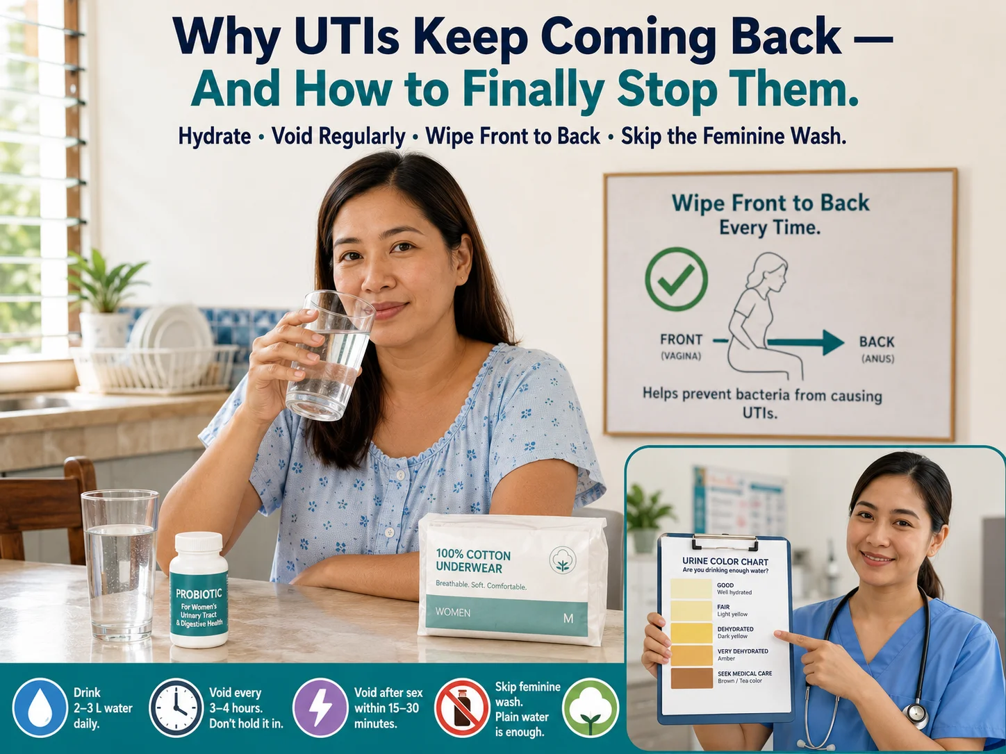 Visual abstract poster: Why UTIs Keep Coming Back — And How to Finally Stop Them. Filipino patient guide on hydration, voiding habits, perineal hygiene, and UTI prevention.